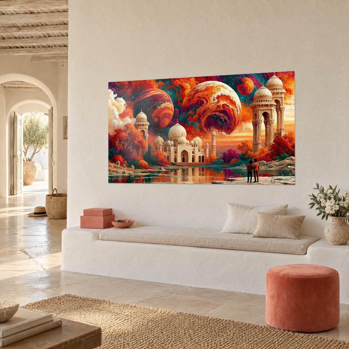 Quadro mausoleo bianco sotto tre astri giganti ruggine e turchese, riflessi nell'acqua, parete imbiancata e panca in pietra