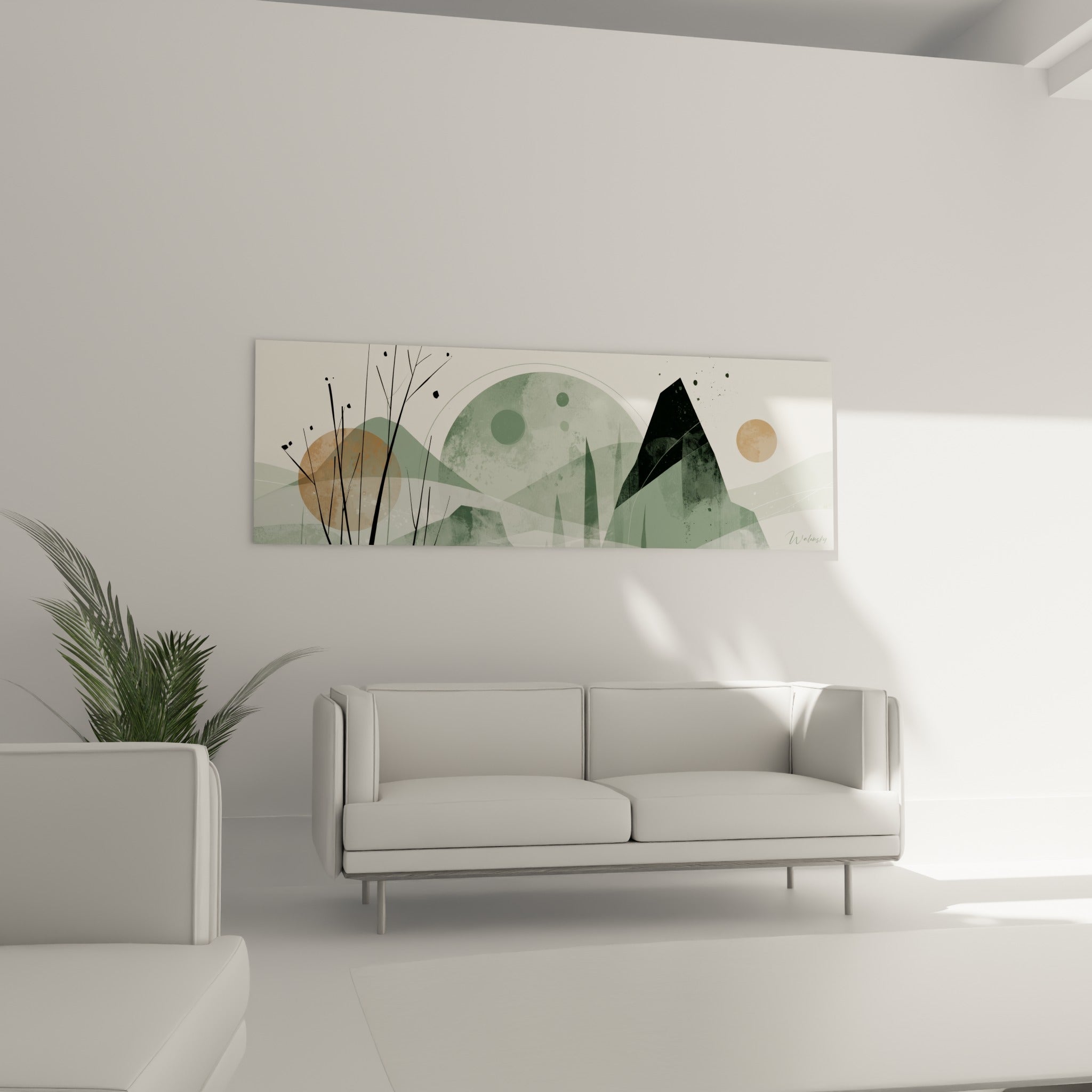 Paysage vert sauge et sphères camel du tableau Planète suspendu au-dessus d'un canapé dans un salon lumineux