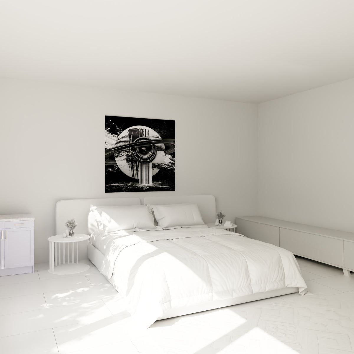 Sphère anthracite striée d'anneaux gris et de coulures blanches, au-dessus d'un lit dans une chambre claire