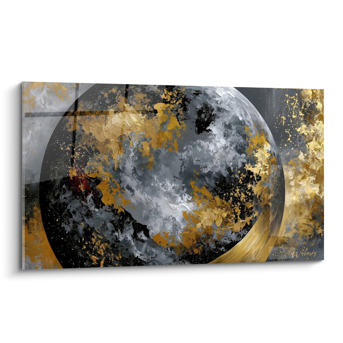 Planète sphère anthracite et dorée en pleine fusion, empâtements épais et coulées or intense.