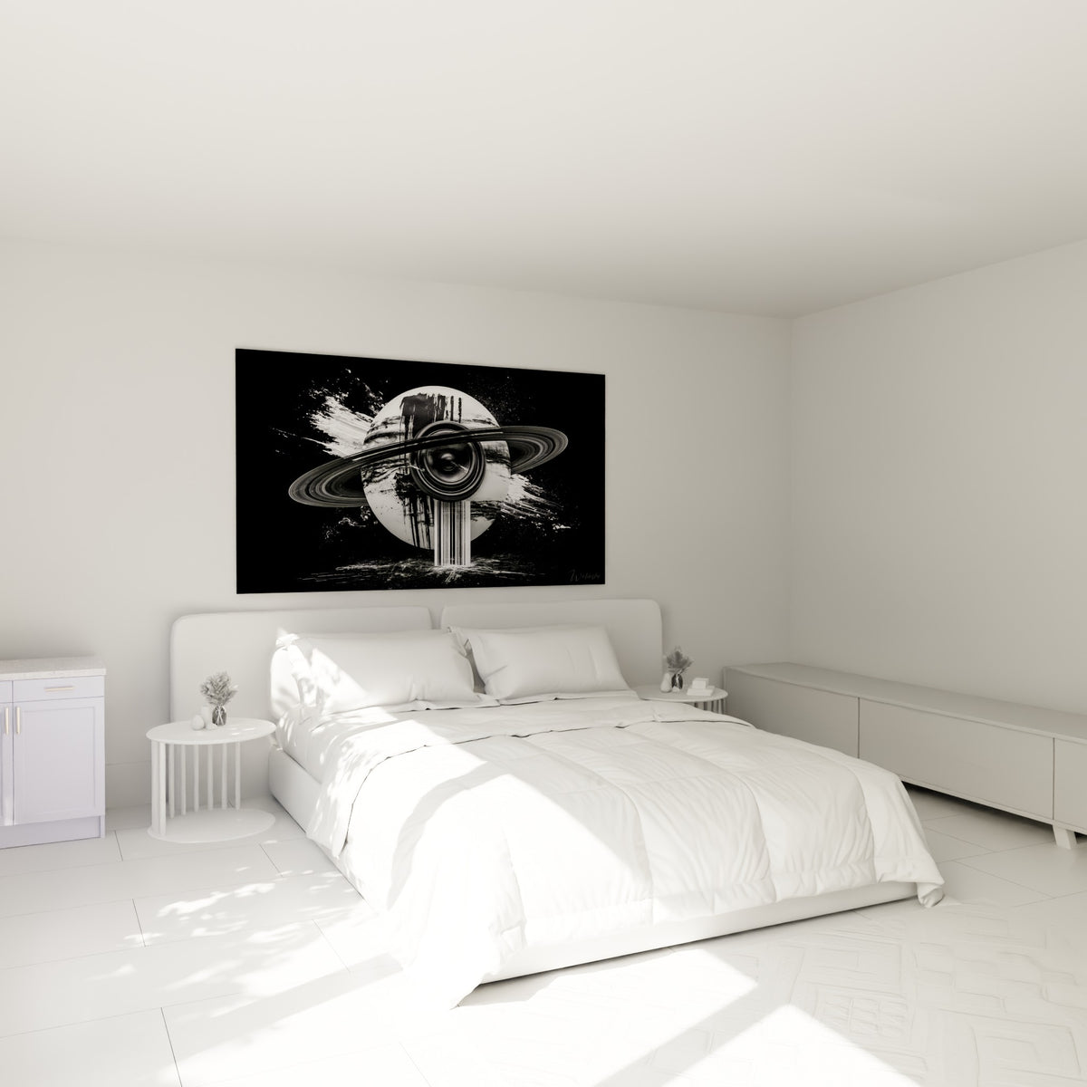 Sphère anthracite et blanche cerclée d'anneaux graphiques accrochée au-dessus d'un lit dans une chambre claire