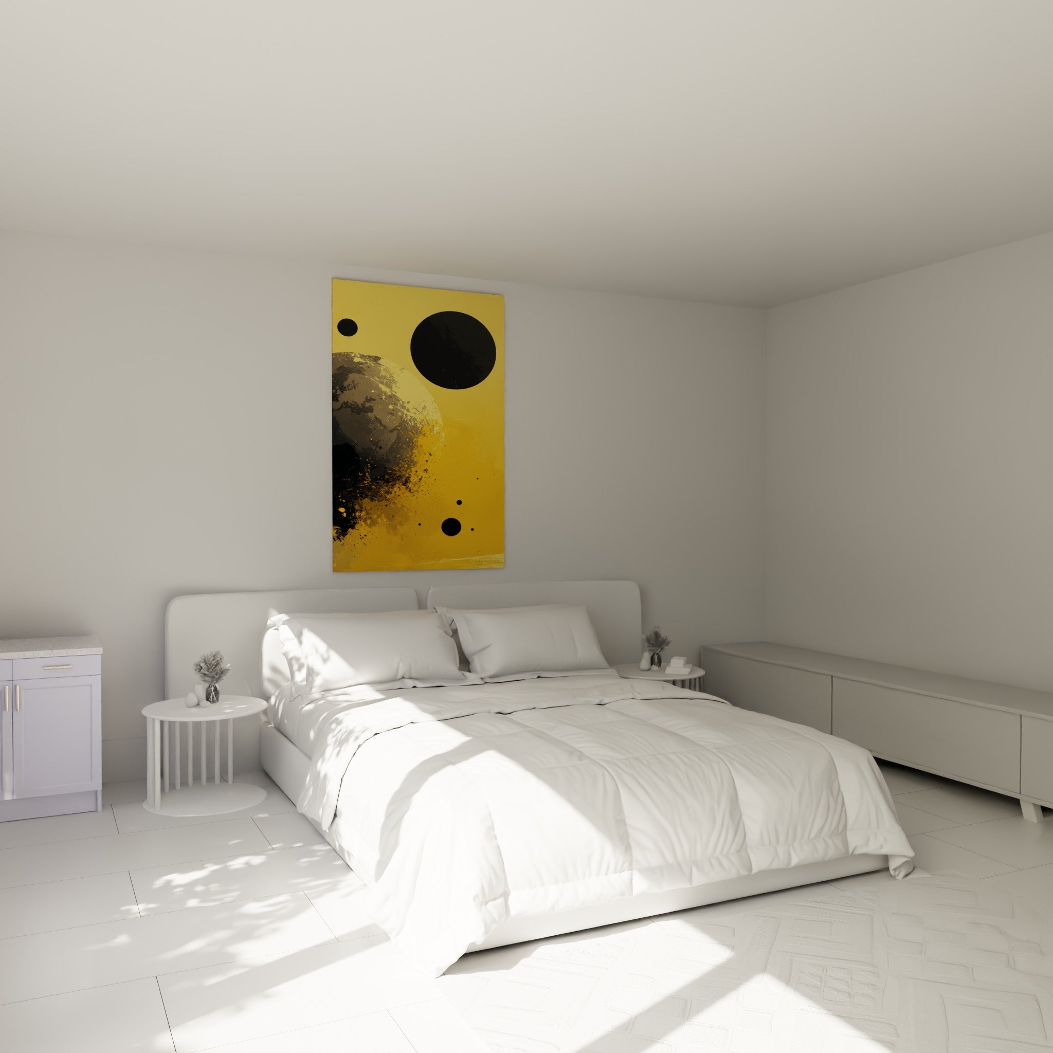Sphère terrestre anthracite éclatée en particules dorées, accrochée au-dessus d'un lit dans une chambre claire