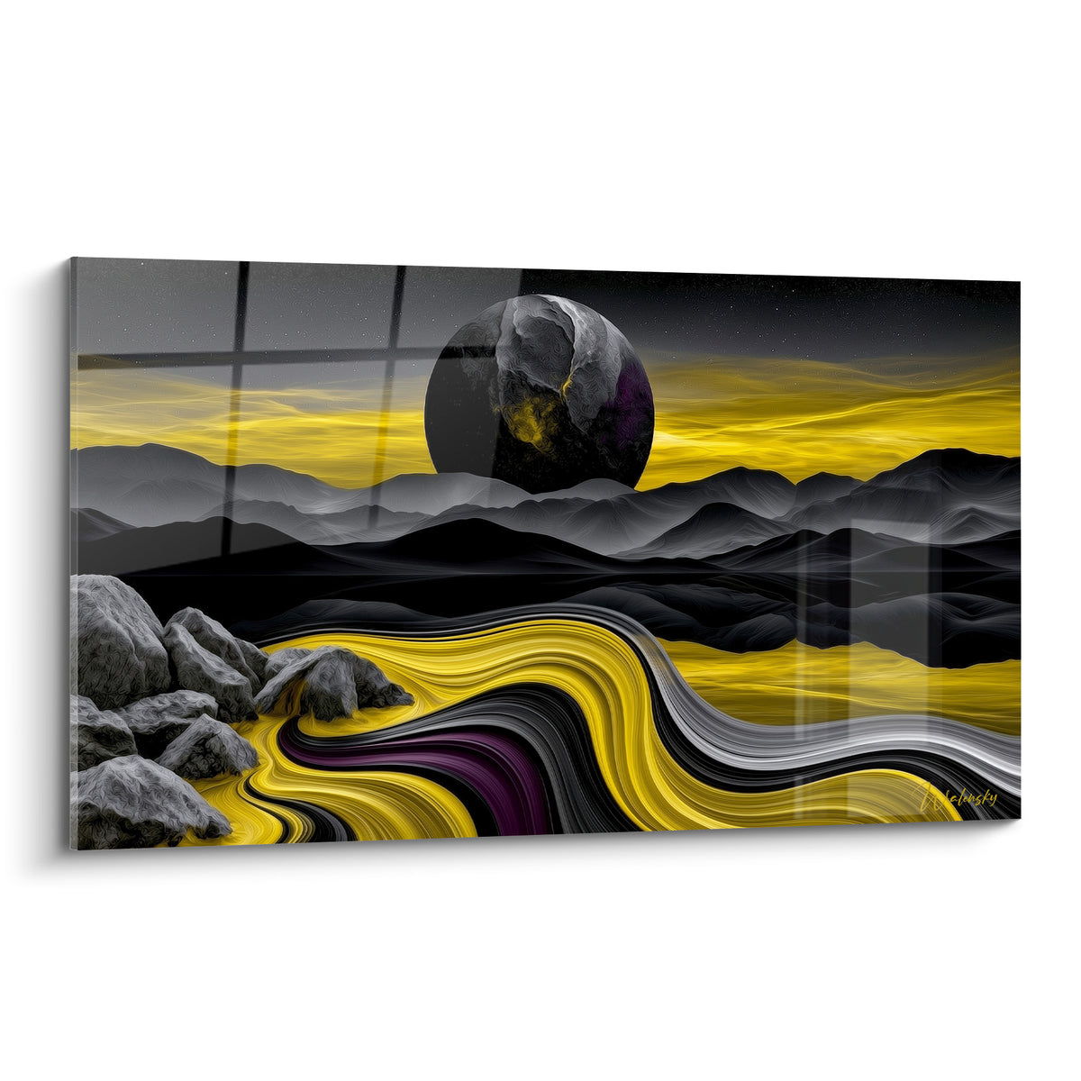 Planète anthracite et rivière dorée ondulante composent ce tableau abstrait sur fond de montagnes sombres