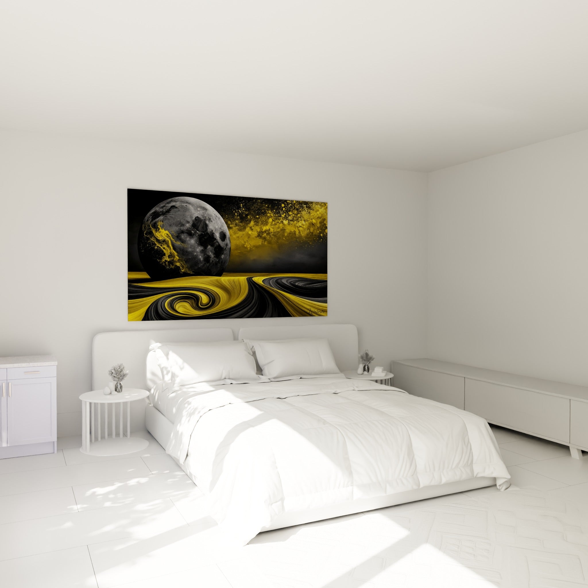 Sphère lunaire grise et vagues dorées tourbillonnantes accrochées au-dessus d'un lit dans une chambre claire
