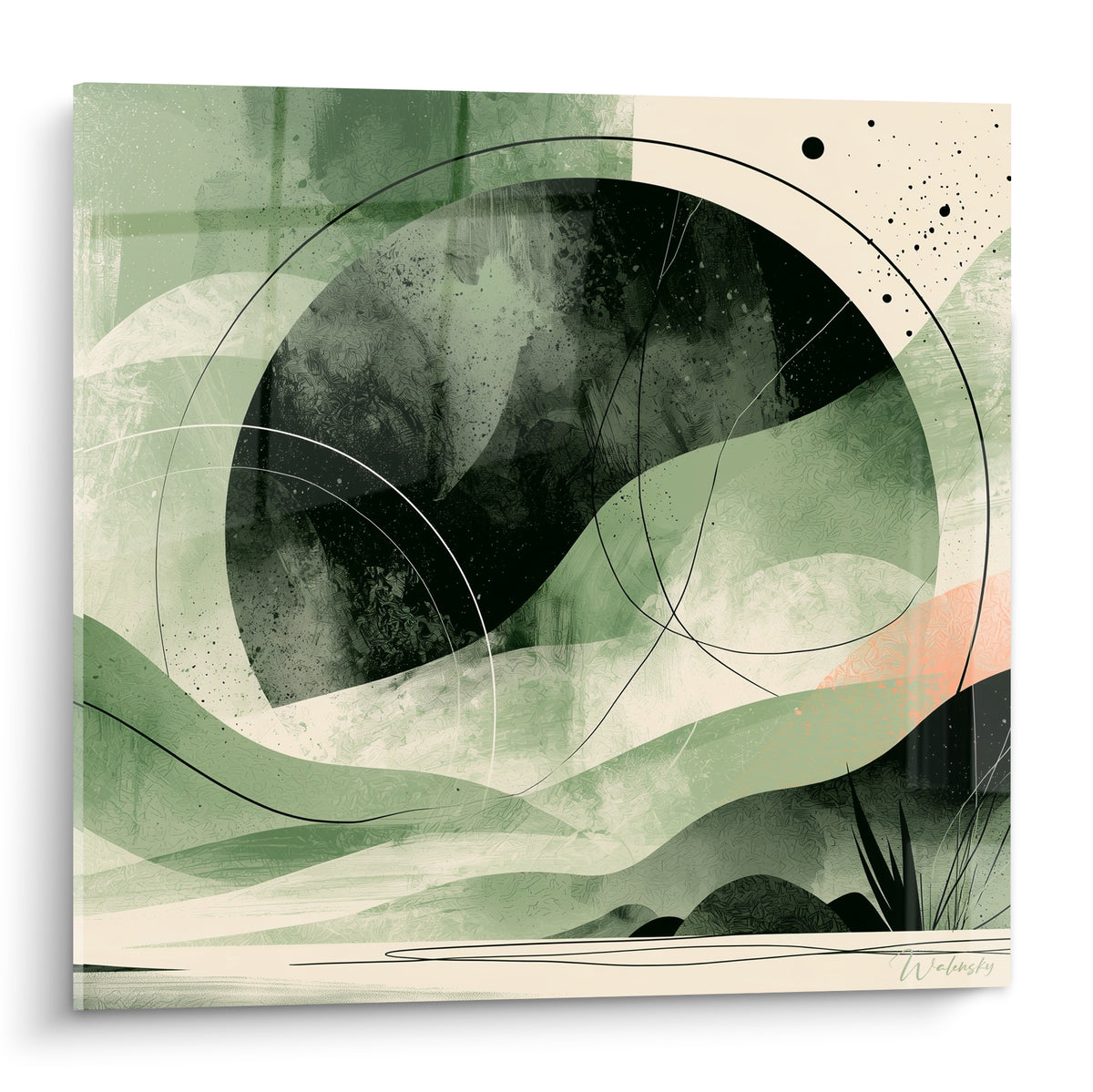 Sphère anthracite cerclée de lignes blanches sur collines vert sauge, tableau Planète abstrait