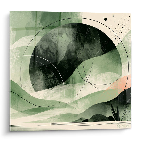 Sphère anthracite cerclée de lignes blanches sur collines vert sauge, tableau Planète abstrait