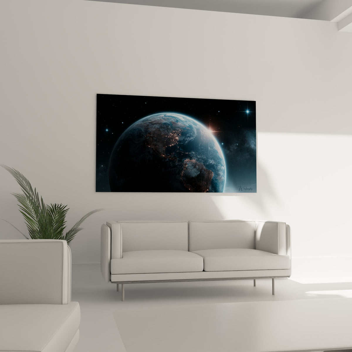 Globe terrestre anthracite ponctué de lumières dorées urbaines, au-dessus d'un canapé dans un salon lumineux