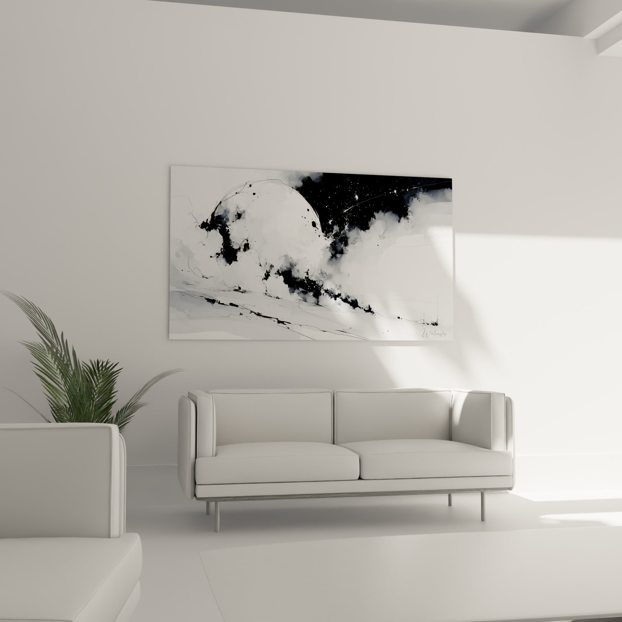 Planète lumineuse entourée de traînées anthracite au-dessus d'un canapé dans un salon lumineux
