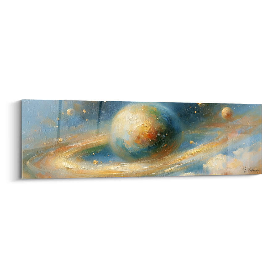 Tableau Planète crème et bleu aux anneaux dorés - Petites lunes satellites - Edition Planète