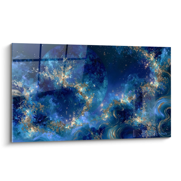 Tableau Sphère bleue et dorée aux volutes tourbillonnantes - Nébuleuse scintillante - Edition Planète