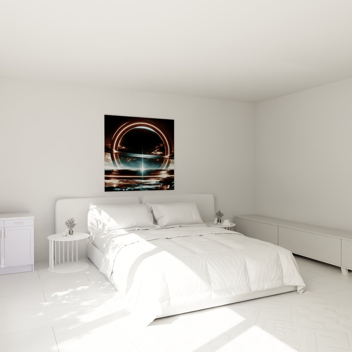 Sphère cosmique bronze et bleu marine éclatante, accrochée au-dessus d'un lit dans une chambre claire