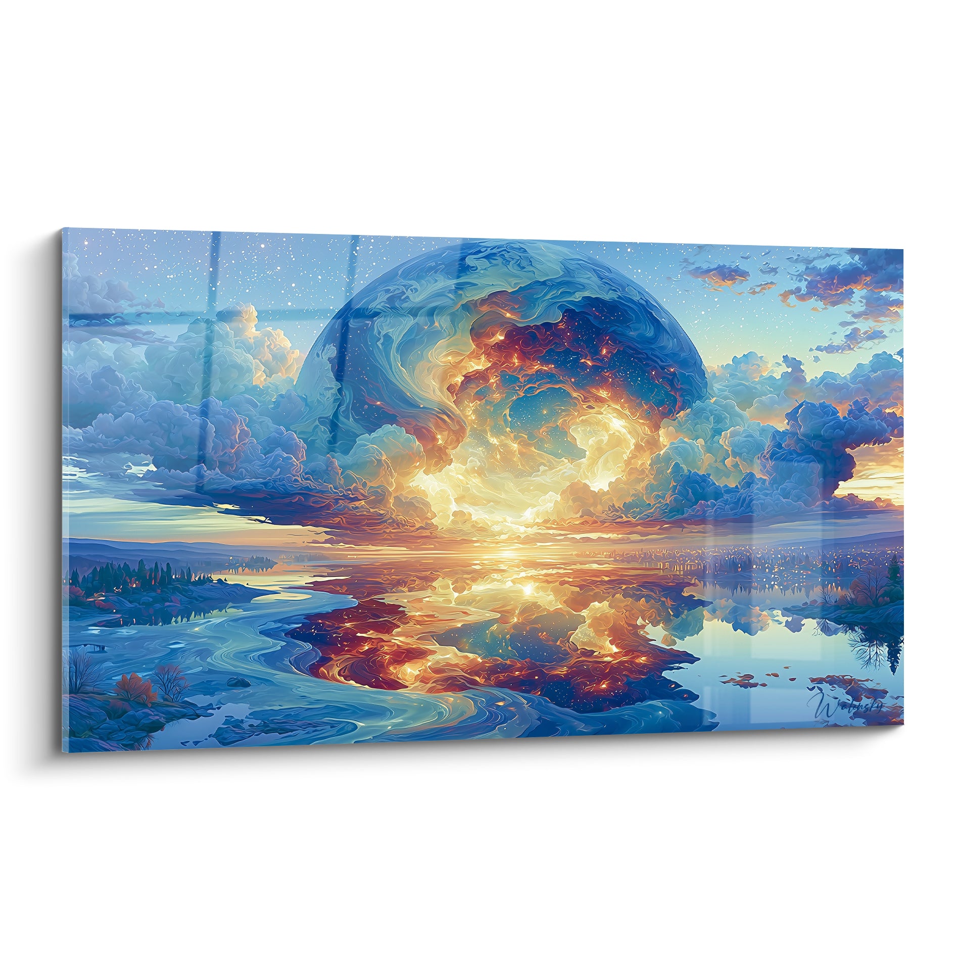 Sphère planète bleu marine et orange embrasée survolant un fleuve doré au coucher du soleil