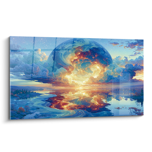 Tableau Sphère bleue et dorée au-dessus d'une rivière - Reflet incandescent sur l'eau - Edition Planète