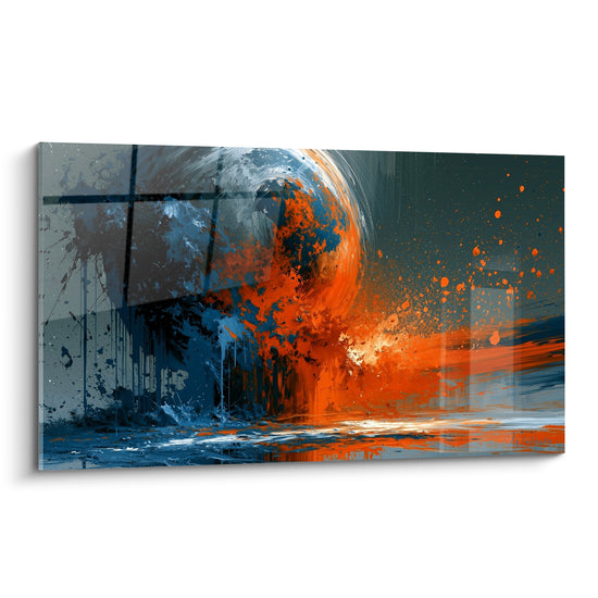 Sphère planète bleu marine et orange en fusion, empâtements expressifs sur fond anthracite