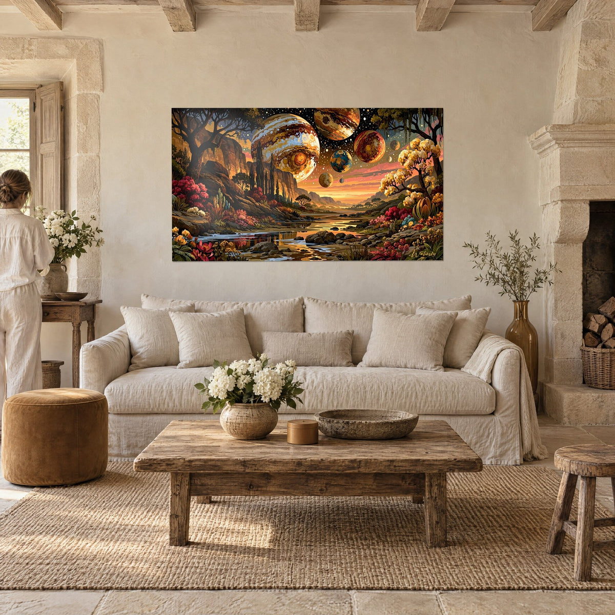 Gemälde mit ockerfarbenen und goldenen Riesenplaneten über einem blühenden Tal, eine Frau von hinten, über einem Sofa in einem hellen Wohnzimmer