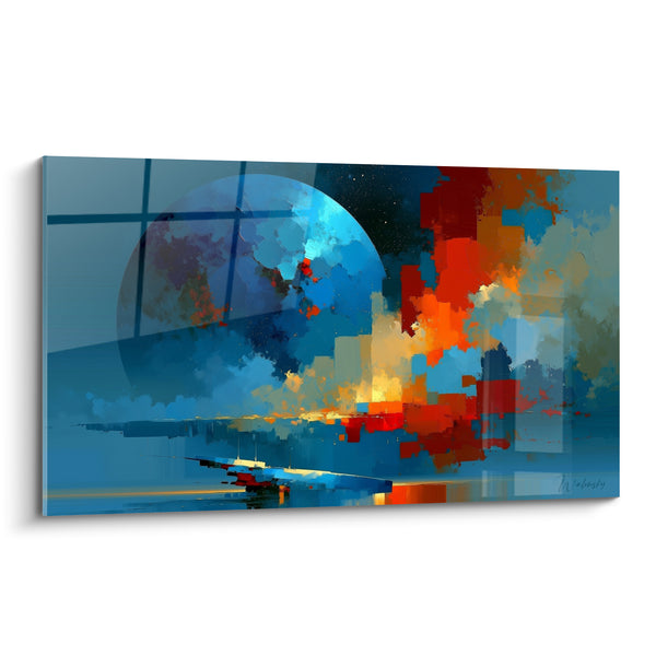 Tableau Sphère bleue et rouge aux blocs géométriques - Réflexion sur mer calme - Edition Planète