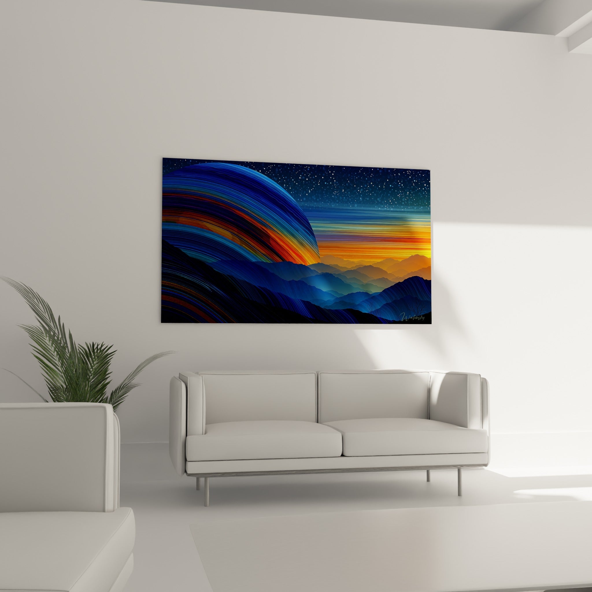 Sphère cosmique bleu profond et cuivrée disposée au-dessus d'un canapé dans un salon lumineux