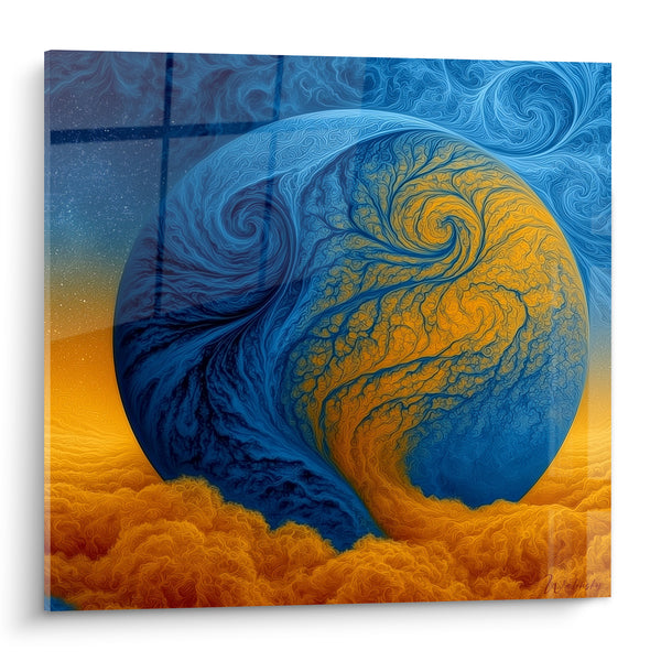 Tableau Sphère bleue et orange aux racines filigranées - Nuées tourbillonnantes dorées - Edition Planète