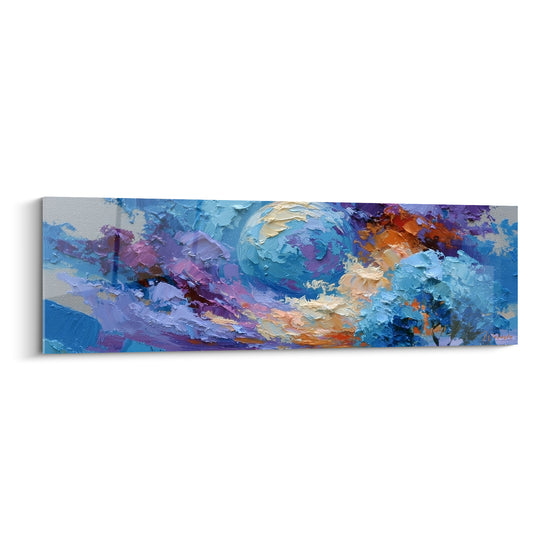 Planète bleu pastel et orange aux empâtements épais sur fond violine et gris clair