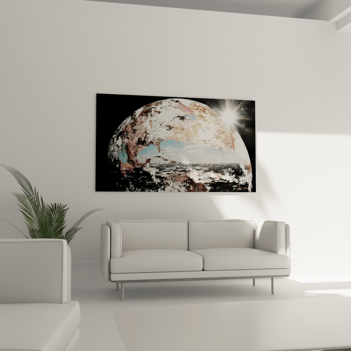 Sphère blanche et bleu pastel fissurée, reflets dorés lumineux, tableau Planète au-dessus d'un canapé dans un salon lumineux.