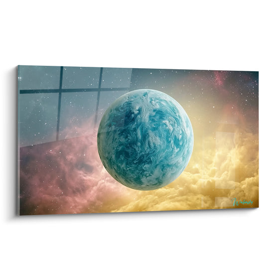 Planète bleu turquoise suspendue dans une nébuleuse dorée et rose semée d'étoiles scintillantes
