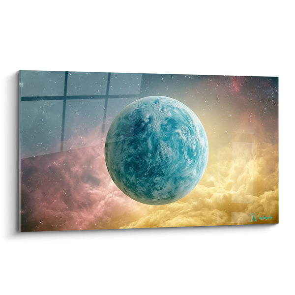 Tableau Sphère turquoise et dorée aux nuages vaporeux - Nébuleuse rosée étoilée - Edition Planète