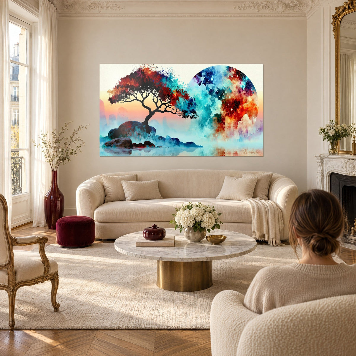 Wall art red and turquoise bonsai facing an orange cosmic disc, watercolor, above a sofa in a bright living room