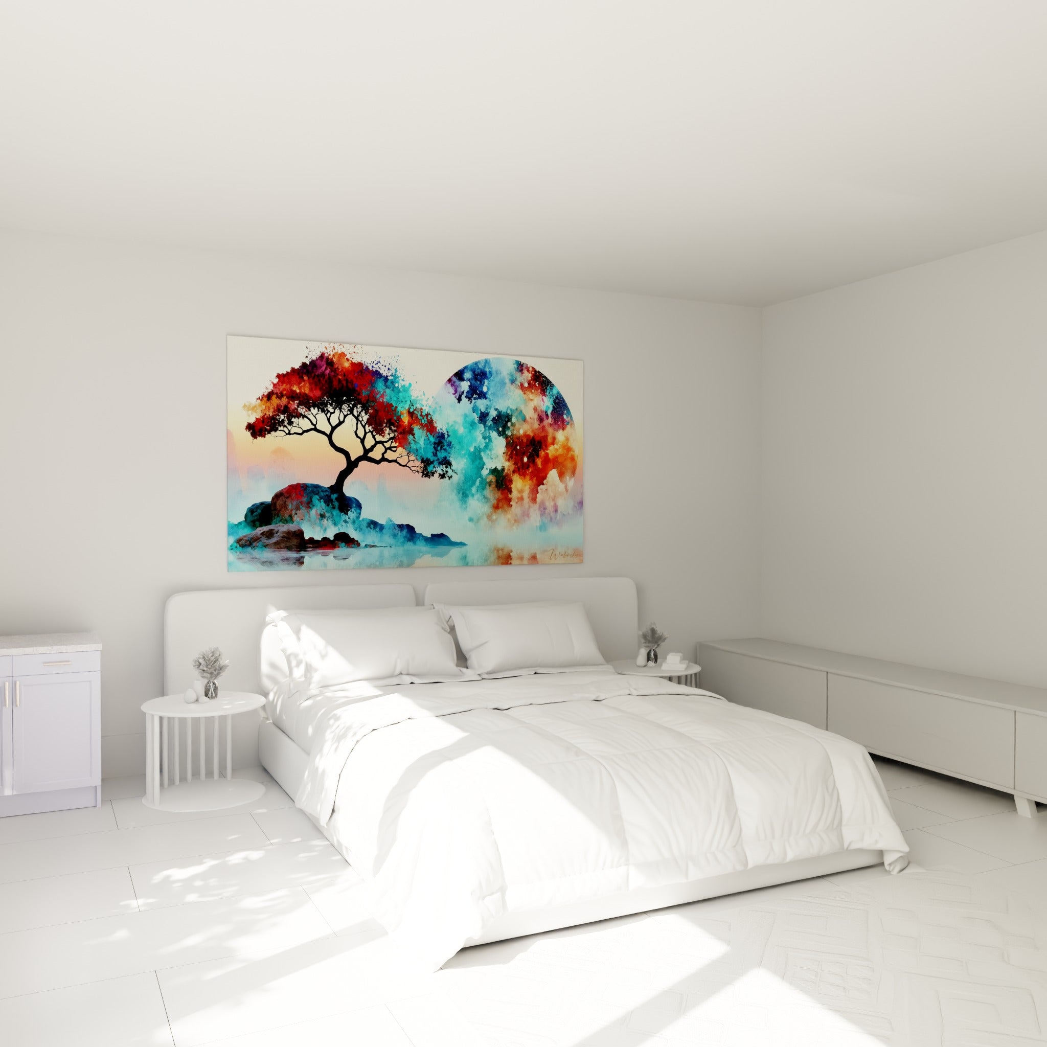 Sphère céleste bleu profond et arbre rouge sombre accrochés au-dessus d'un lit dans une chambre claire