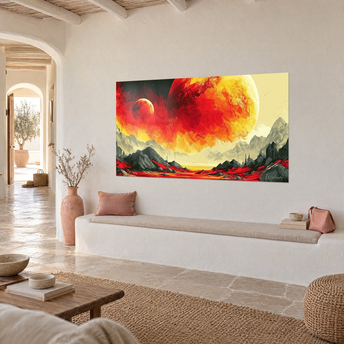 Gemälde flammender ockerfarbener Himmelskörper über grauen Graten und einem roten Mond, Dreiviertelansicht, weiße Bank, mediterranes Haus