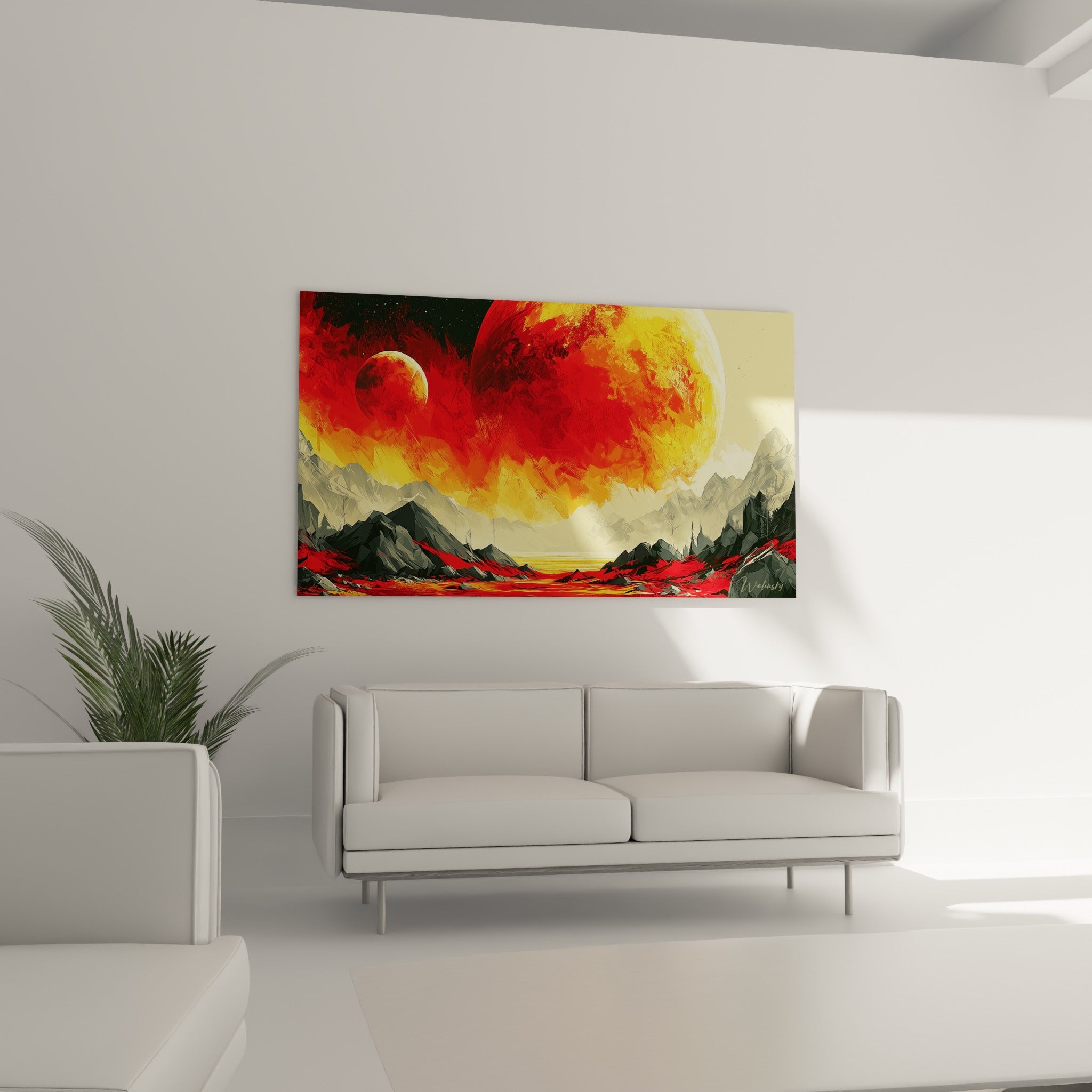 Sphère céleste rouge feu et jaune paille surplombant des pics gris, au-dessus d'un canapé dans un salon lumineux