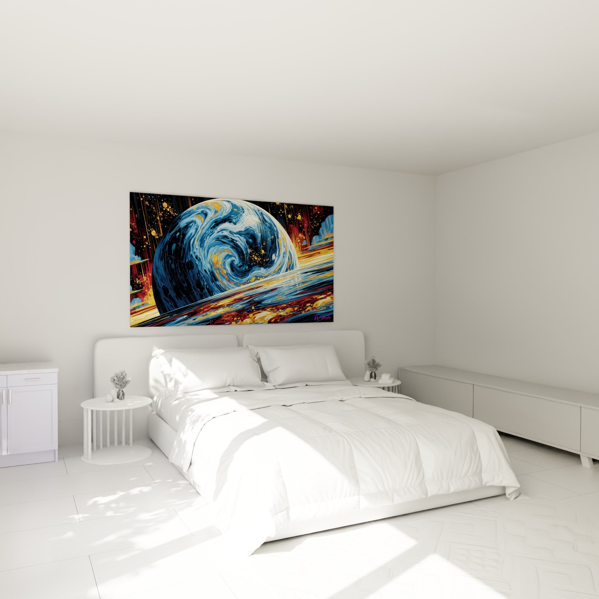 Sphère céleste bleue et dorée tourbillonnante au-dessus d'un lit dans une chambre claire