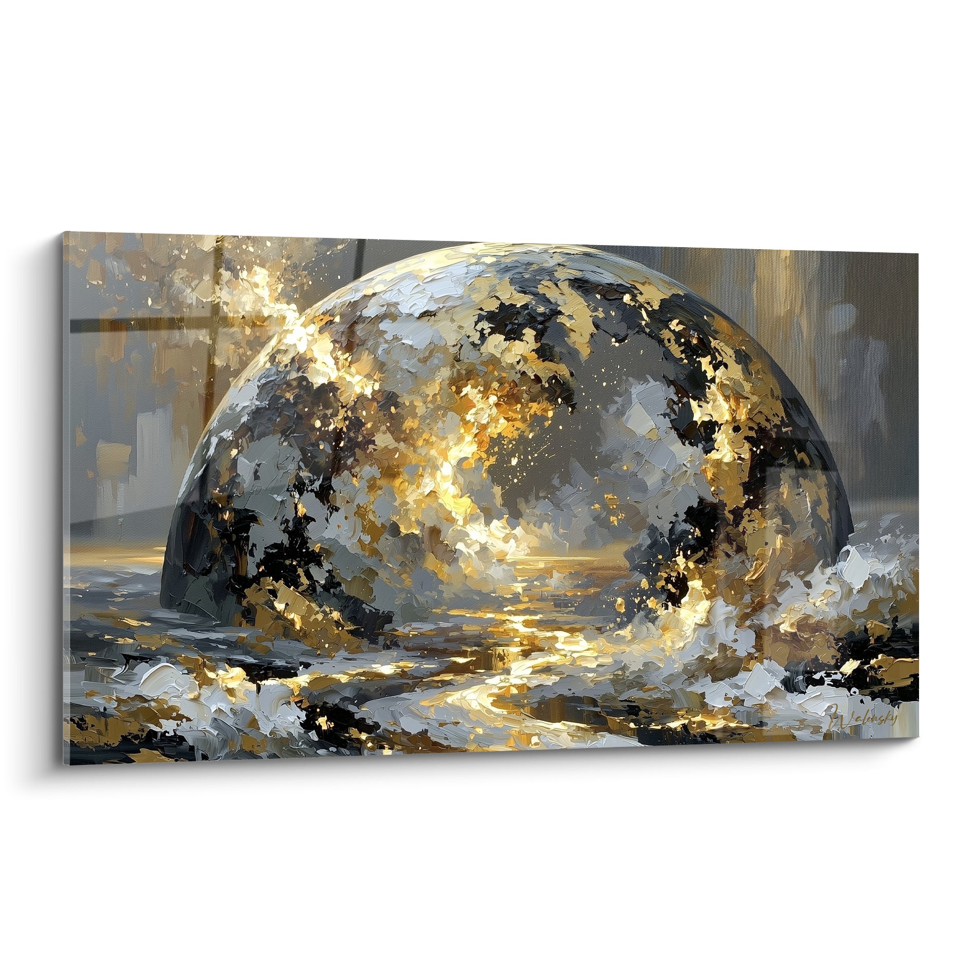 Sphère dorée et anthracite fissurée, éclats de lumière blanche jaillissant du tableau Planète