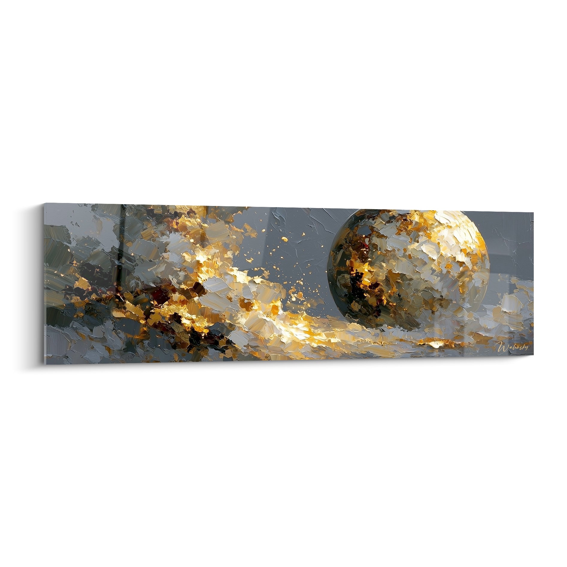 Sphère dorée éclatant en particules sur fond anthracite, tableau Planète texturé au couteau