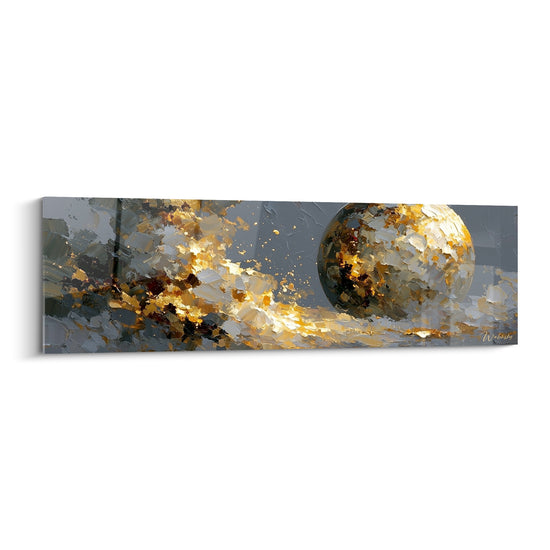 Sphère dorée éclatant en particules sur fond anthracite, tableau Planète texturé au couteau
