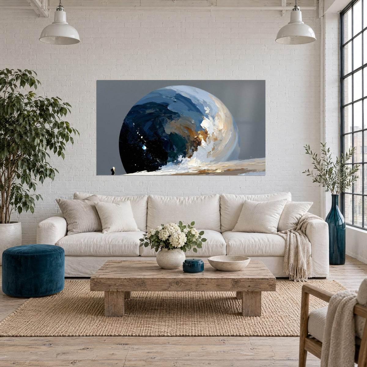 Tableau sphère bleu nuit striée d'or et d'éclats givrés, empâtements blancs, fond gris, au-dessus d'un canapé dans un salon lumineux