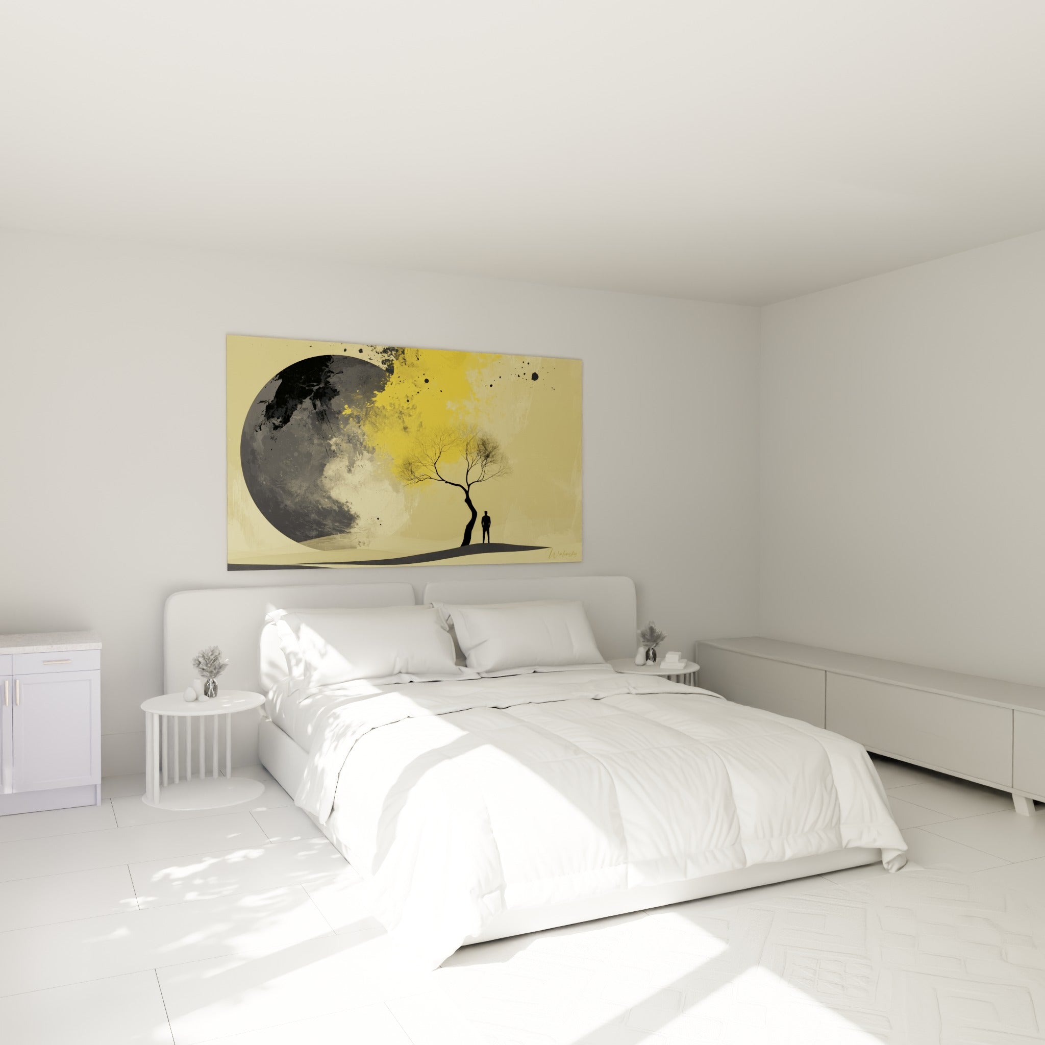 Silhouette contemplative devant une planète dorée, accrochée au-dessus d'un lit dans une chambre claire