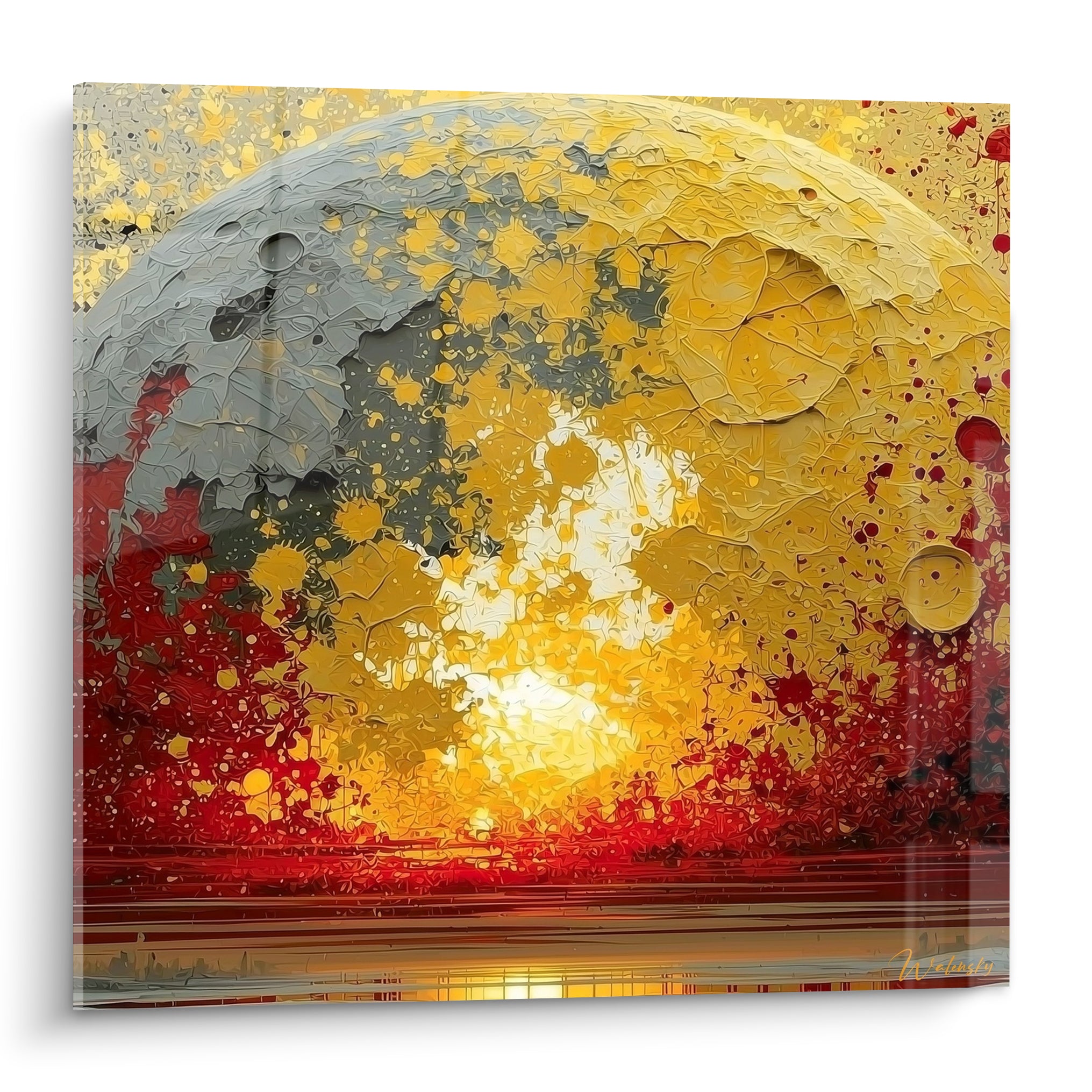 Sphère planétaire dorée et grise aux éclaboussures rouges, texture épaisse en peinture au couteau