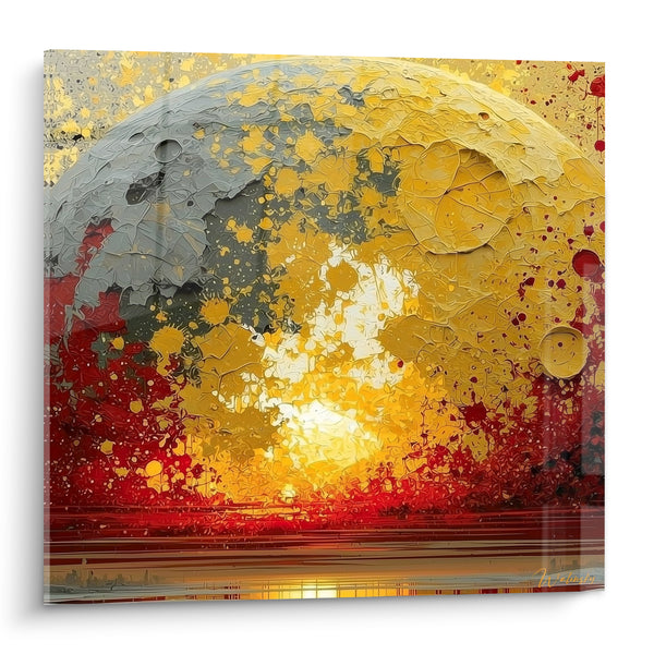 Tableau Sphère dorée et rouge aux éclaboussures incandescentes - Petite lune satellite - Edition Planète
