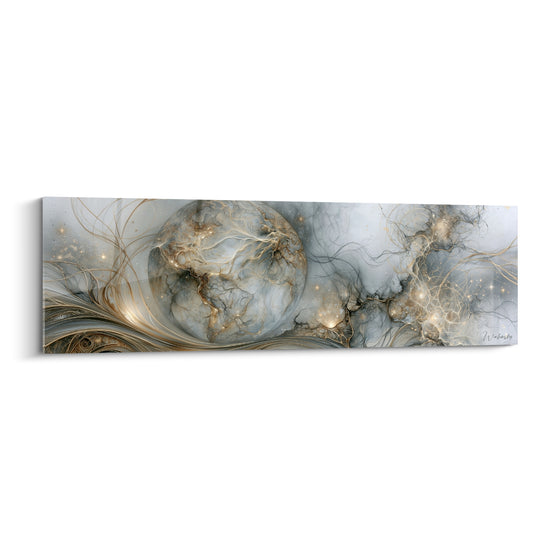 Sphère marbrée grise et dorée évoquant une planète, filaments lumineux et texture minérale fluide