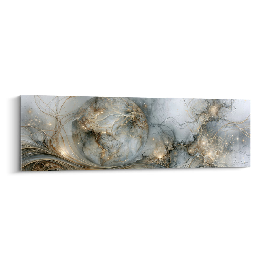 Tableau Planète marbrée grise et dorée aux filaments cosmiques - Éclat filigrané - Edition Planète