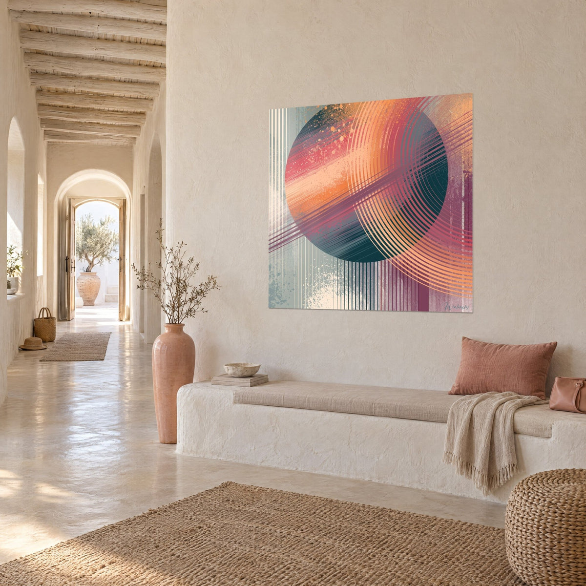 Wall art abstract coral and dark green planet, thin concentric arcs as rings, cream wall of a vaulted hallway in perspective