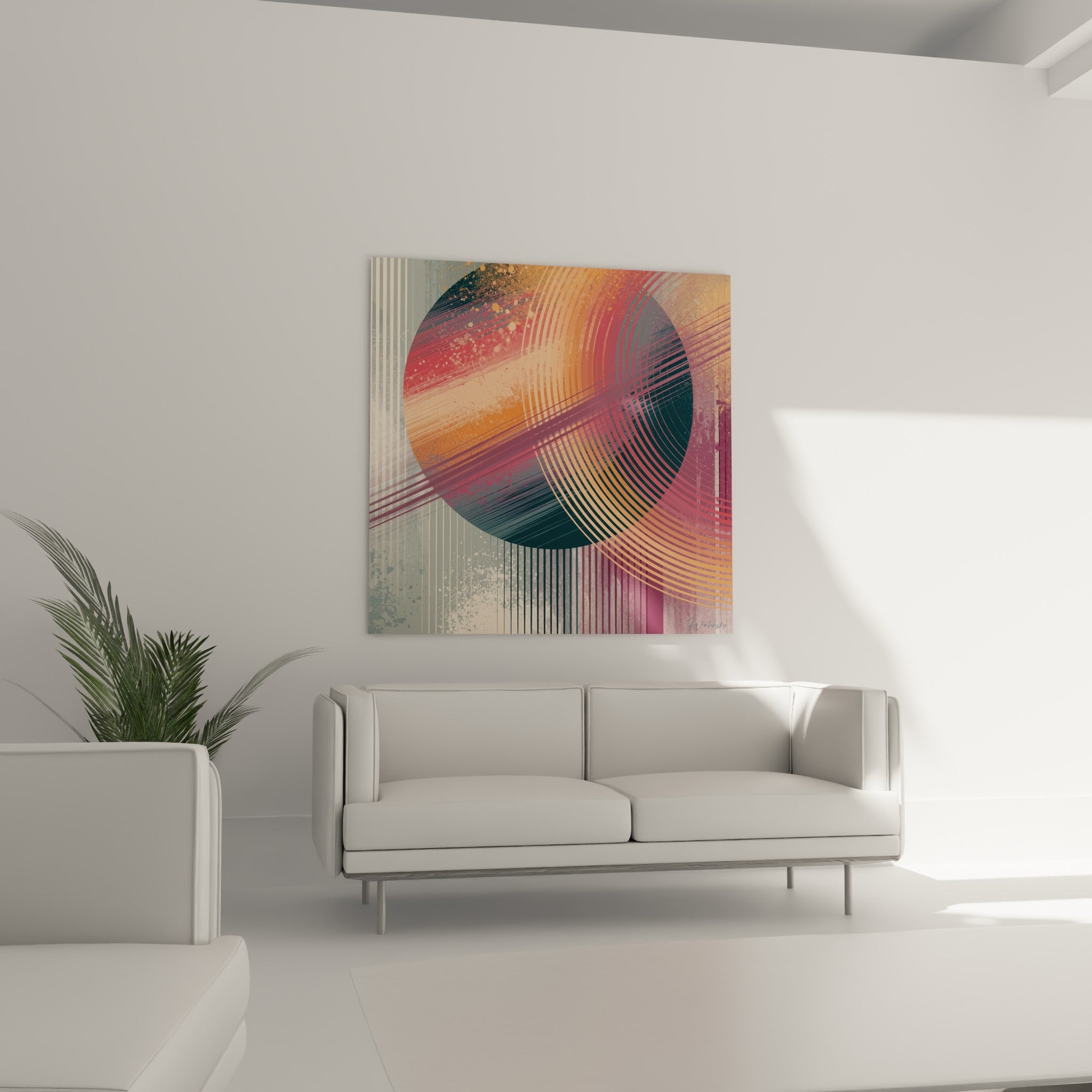 Sphère planète dorée et anthracite striée de rayons pourpres, suspendue au-dessus d'un canapé dans un salon lumineux
