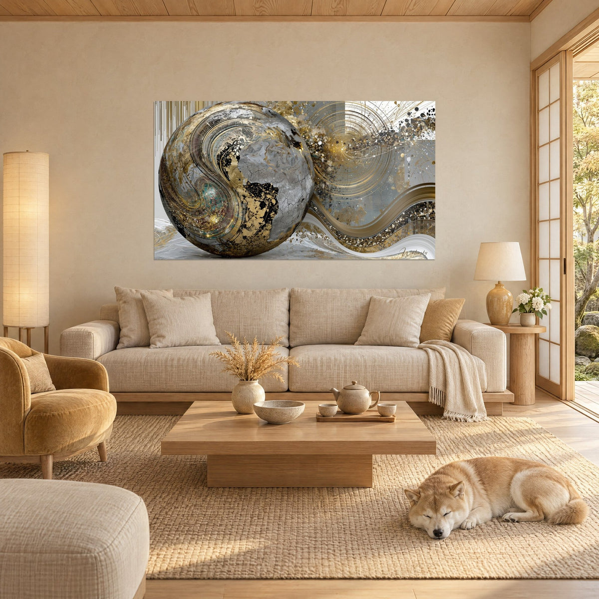 Gemälde Planet mit Rissen in Silber und Gold, goldene glitzernde Wellen, schlafender Shiba über einem Sofa in einem hellen Wohnzimmer