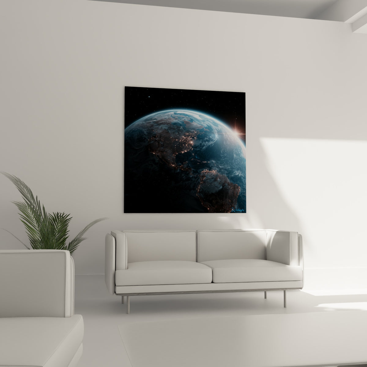 Sphère terrestre bleu nuit aux lumières ocre scintillantes, au-dessus d'un canapé dans un salon lumineux