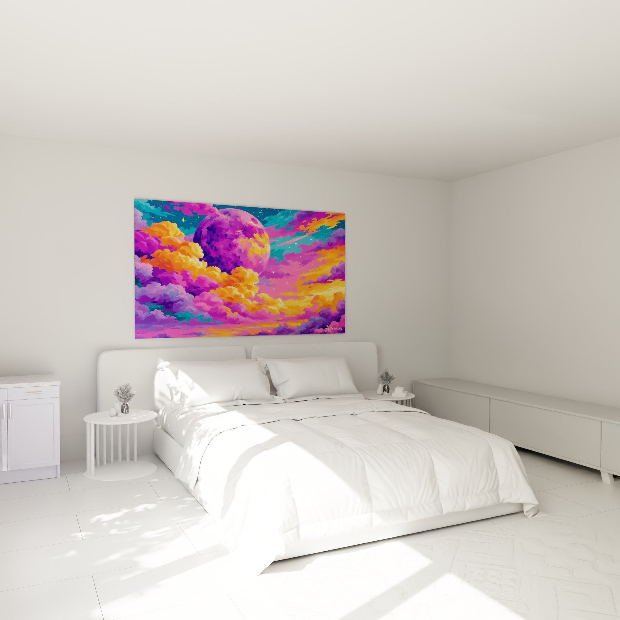Sphère cosmique violette et nuages orangés au-dessus d'un lit dans une chambre claire