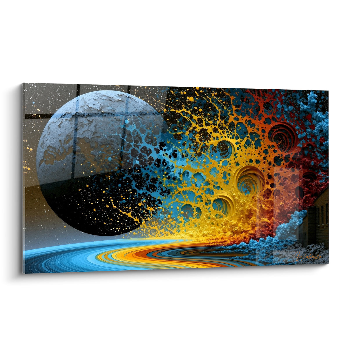 Sphère grise craquelée percutée par une explosion dorée et bleu marine, tableau planète abstrait