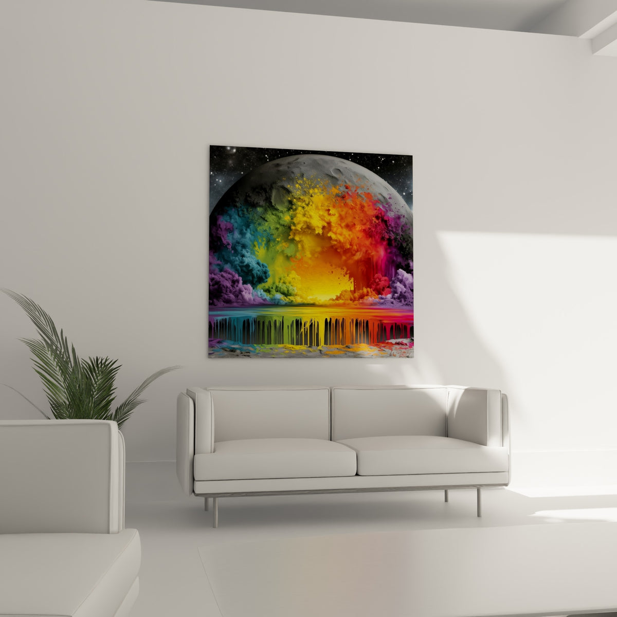 Nuages fumants orange doré et violet entourant une sphère grise, au-dessus d'un canapé dans un salon lumineux