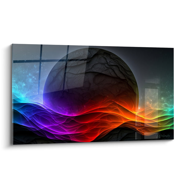 Tableau Sphère anthracite aux vagues bleu et orange - Nébuleuse arc-en-ciel - Edition Planète