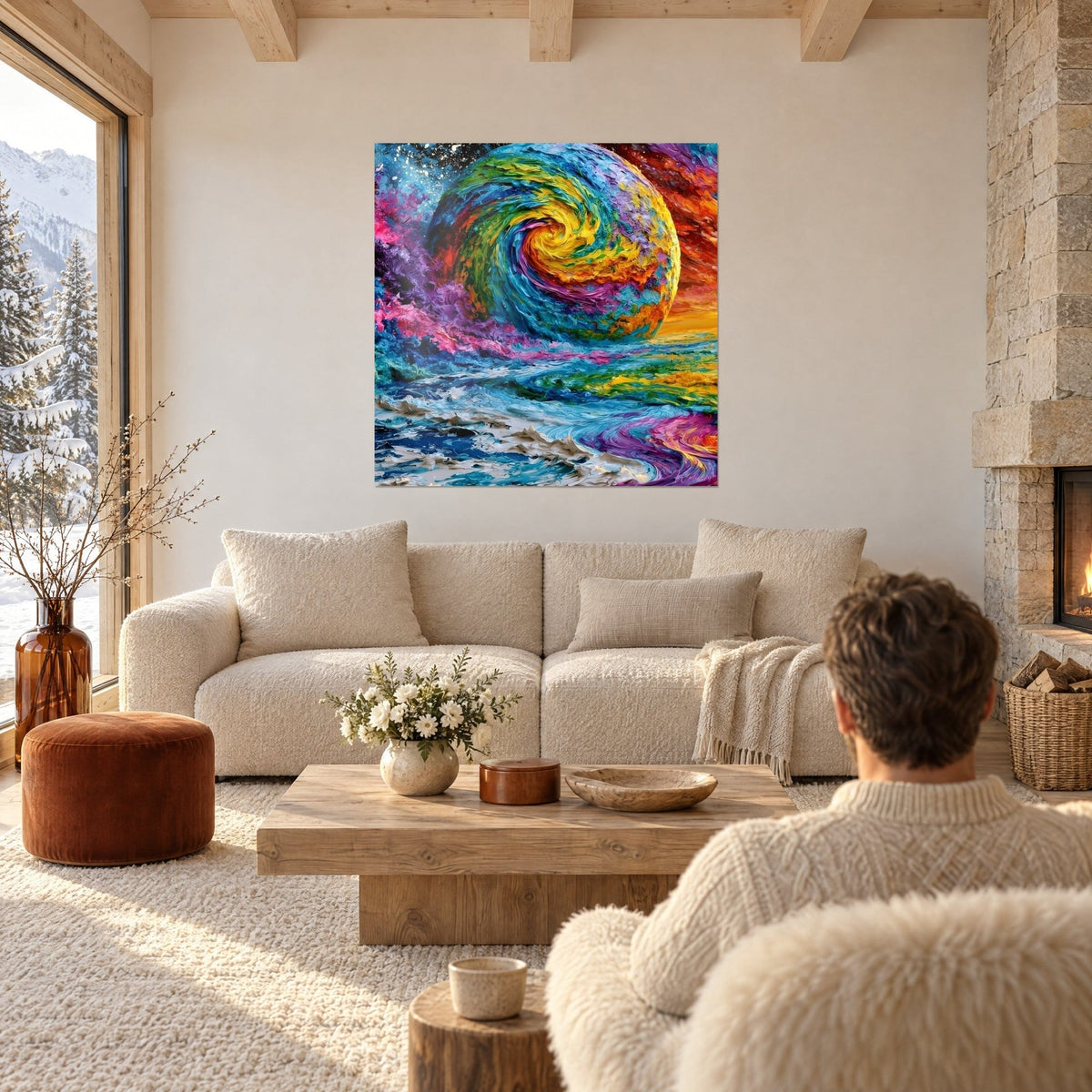 Tableau sphère tourbillonnante jaune et bleue sur mer d'écume, couple de dos, au-dessus d'un canapé dans un salon lumineux