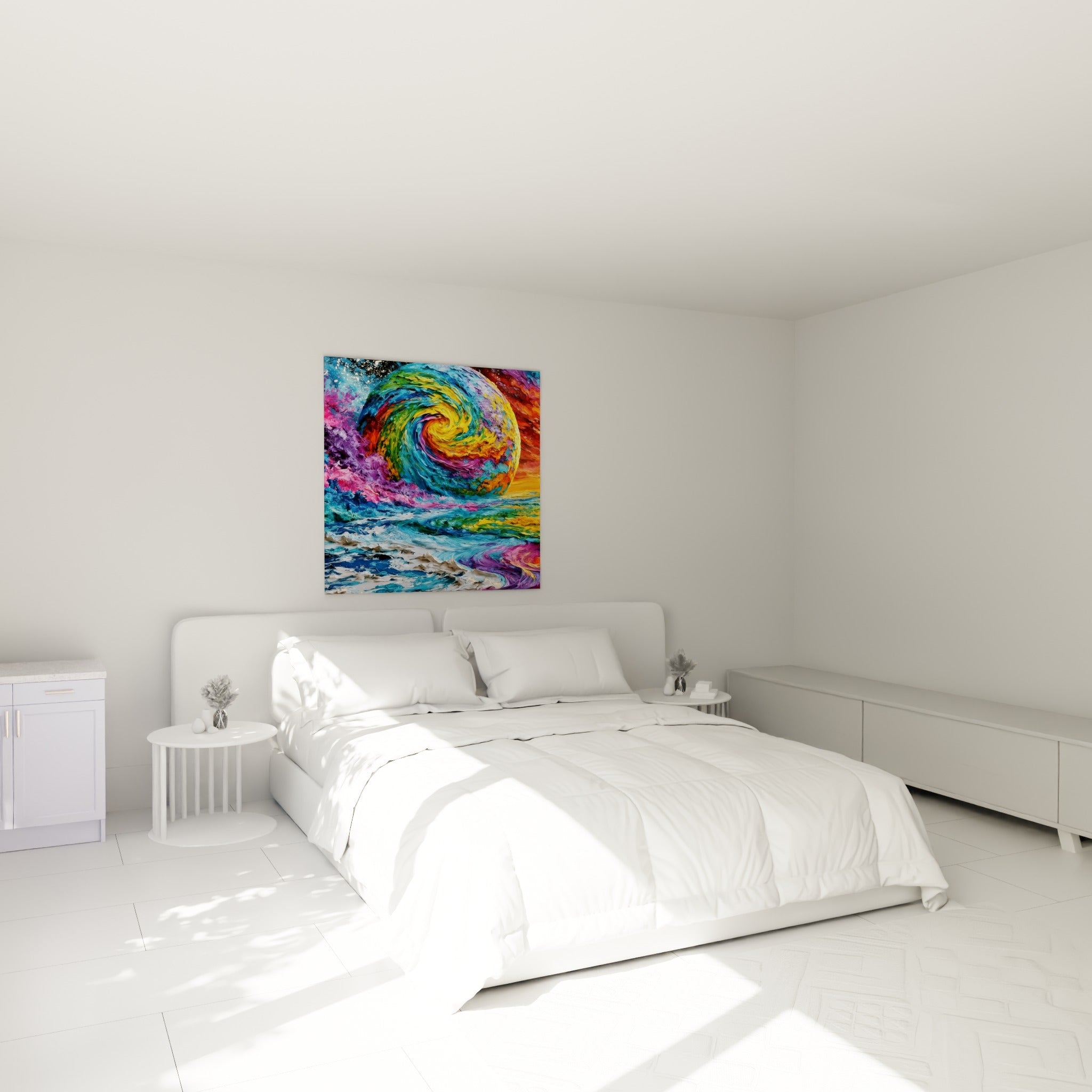 Sphère tourbillonnante bleu et orange sunset, Planète accrochée au-dessus d'un lit dans une chambre claire